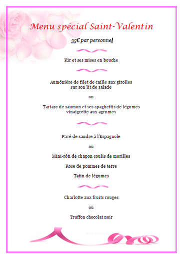 Menu spécial Saint-Valentin 2023